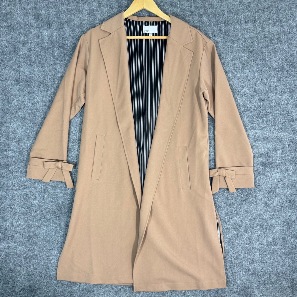 DR2 Duster Trench Coat Bow Sleeve Women Size S Tan Open Front Lightweight EUC